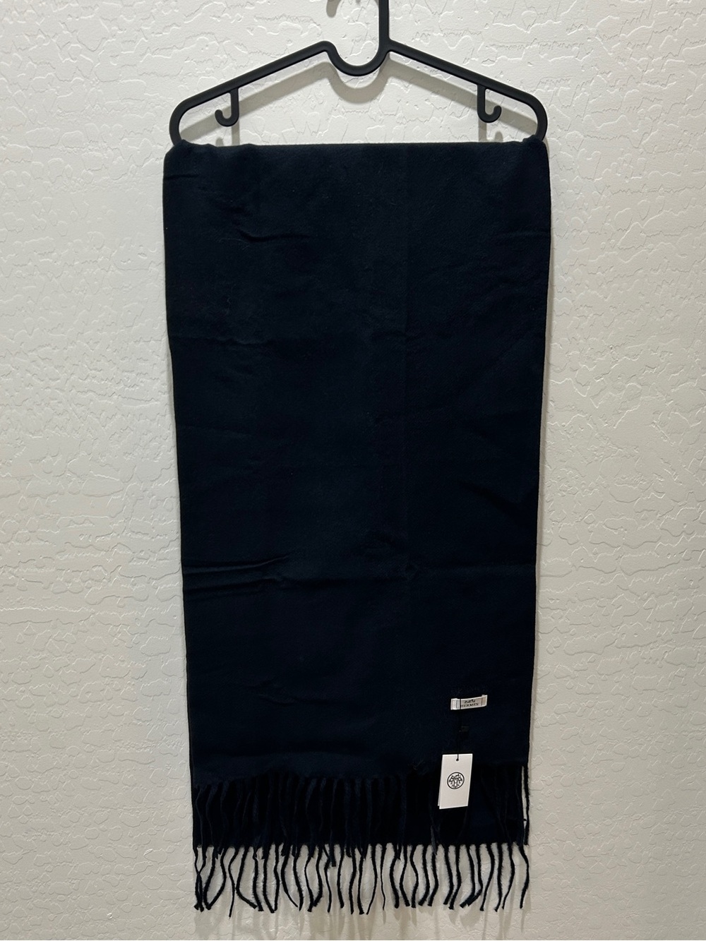 Hermes Dark Navy Fringe Wool Scarf